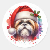 Shih Tzu Hond in Santa Hat Kerst Ronde Sticker (Voorkant)