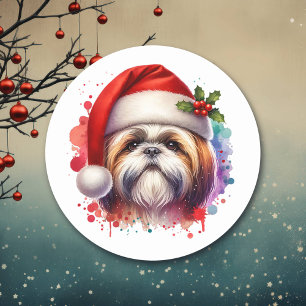 Shih Tzu Hond in Santa Hat Kerst Ronde Sticker