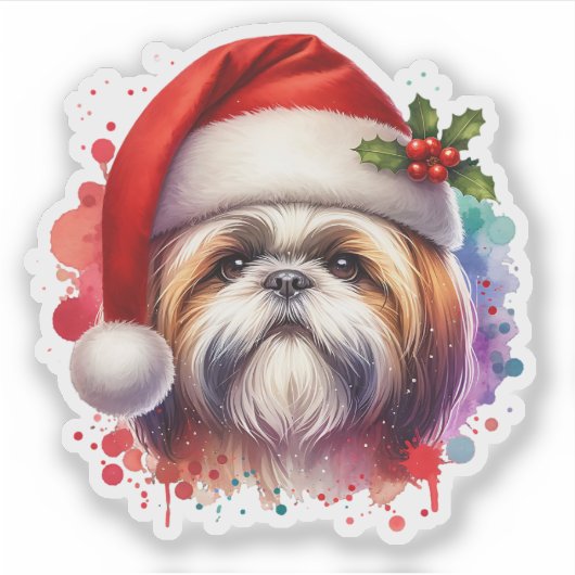 Shih Tzu Hond in Santa Hat Kerst Sticker (Voorkant)