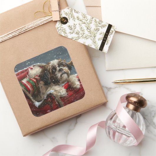 Shih Tzu Hond Kerst Feestelijk Vierkante Sticker (Geschenken)