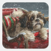 Shih Tzu Hond Kerst Feestelijk Vierkante Sticker (Voorkant)
