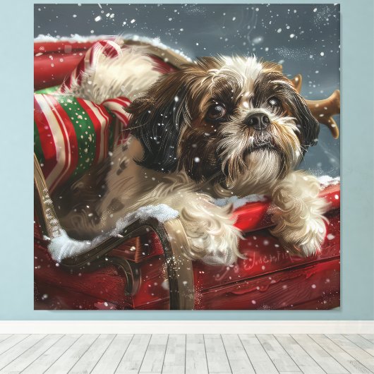 Shih Tzu Hond Kerstfeest Canvas Afdruk (Insitu (Houten vloer))