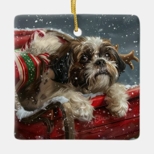 Shih Tzu Hond Kerstfeest Keramisch Ornament (Voorkant)