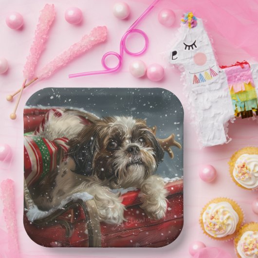 Shih Tzu Hond Kerstfeest Papieren Bordje (Feest)