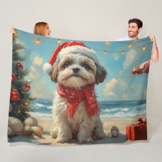 Shih Tzu Hond Kerstmis Vintage Strand Fleece Deken (In situ)
