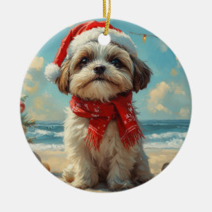 Shih Tzu Hond Kerstmis Vintage Strand Keramisch Ornament