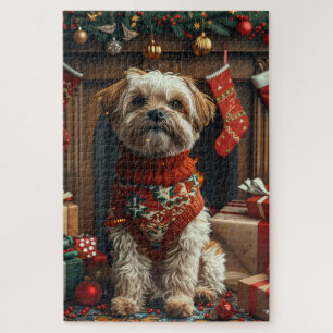 Shih Tzu-hond met kerstcadeaus bij de open haard Legpuzzel