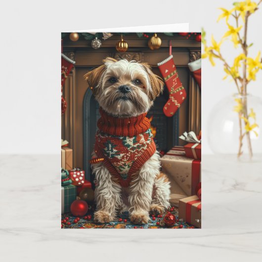 Shih Tzu hond met kerstcadeaus open haard Kaart (Gele Bloem)
