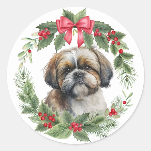 Shih Tzu Hond Rode Bow Holly krans Ronde Sticker (Voorkant)