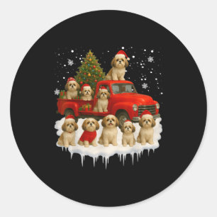 Shih Tzu Hond Rode Truck Kerstboom Kerstman Lelijk Ronde Sticker