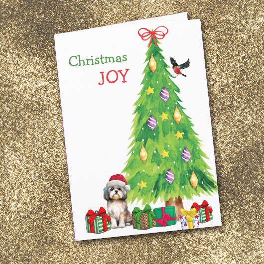 Shih Tzu Hond, Vogel en Kerstboom Feestdagen Kaart