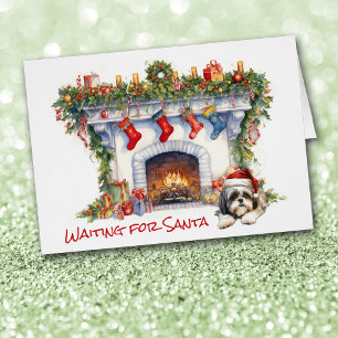 Shih Tzu Hond Wacht voor Kerstmis Open haard