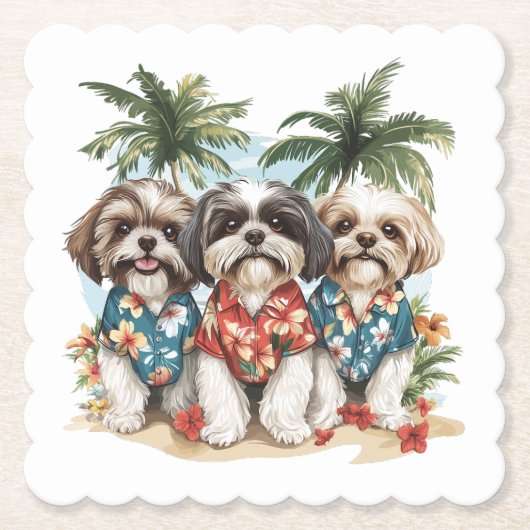 Shih Tzu Honden met Hawaiiaanse Shirten Kartonnen Onderzetters (Voorkant)