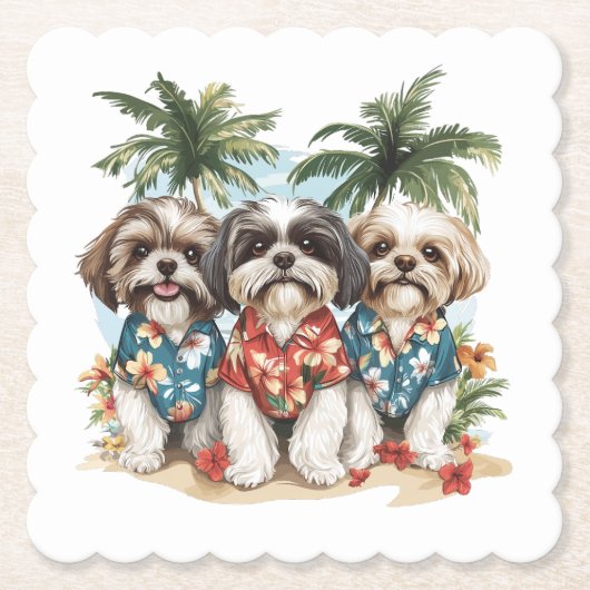 Shih Tzu Honden met Hawaiiaanse Shirten Kartonnen Onderzetters (Voorkant)