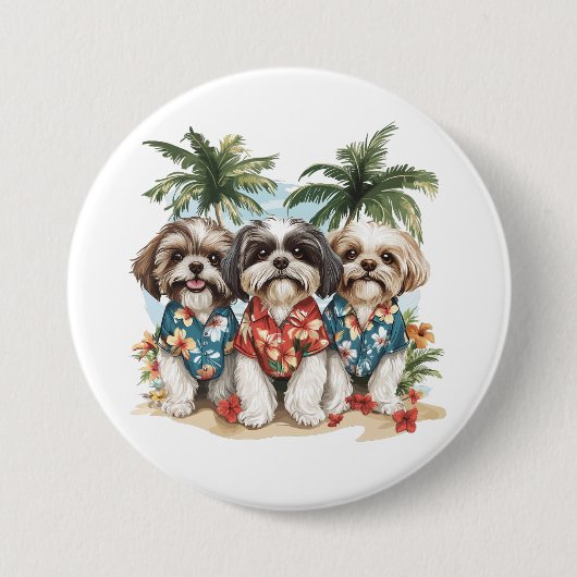 Shih Tzu Honden met Hawaiiaanse Shirten Ronde Button 7,6 Cm (Voorkant)