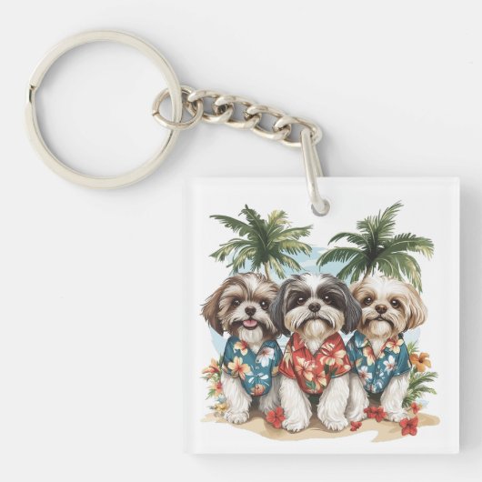Shih Tzu Honden met Hawaiiaanse Shirten Sleutelhanger (Voorkant)