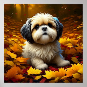 Shih Tzu-hondje speelt in herfstbladeren   Poster