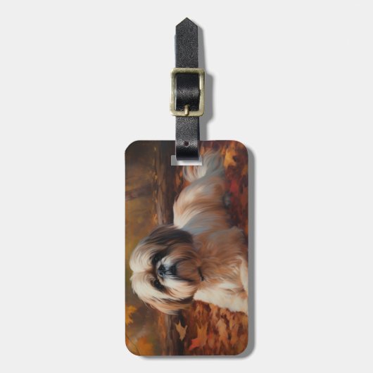 Shih Tzu in de herfst laat Herfst inspireren Bagagelabel (Voorkant verticaal)