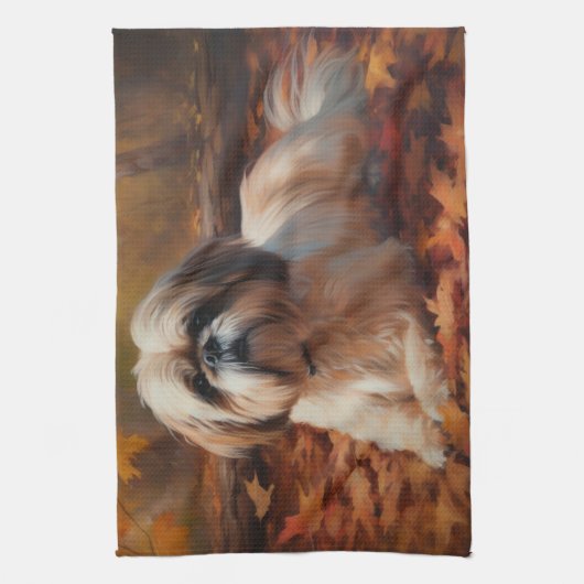 Shih Tzu in de herfst laat Herfst inspireren Theedoek (Verticaal)