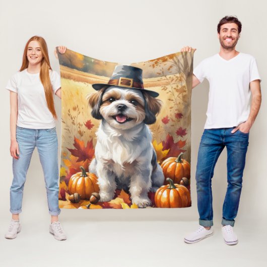 Shih Tzu in de herfst verlaat Thanksgiving kunst Fleece Deken (In situ)