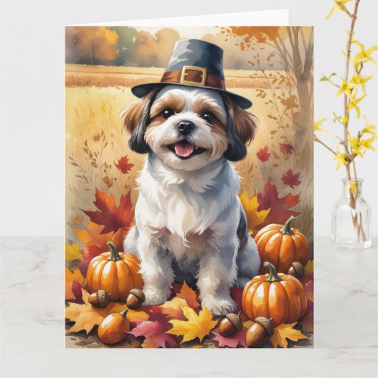 Shih Tzu in de herfst verlaat Thanksgiving kunst Kaart (Gele Bloem)
