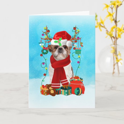 Shih Tzu in de sneeuw met kerstcadeaus Kaart (Gele Bloem)