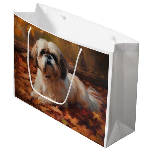 Shih Tzu in herfstbladeren vallen inspireren Groot Cadeauzakje (Voorkant Gekanteld)