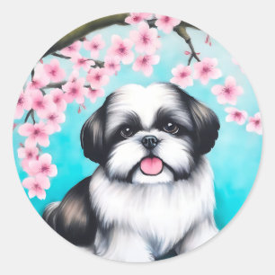 Shih Tzu in oosterse kersenbloesem Ronde Sticker