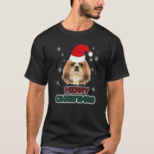 Shih Tzu in Santa Hat Merry Kerstmis Funny Dog Xm T-shirt (Voorkant)