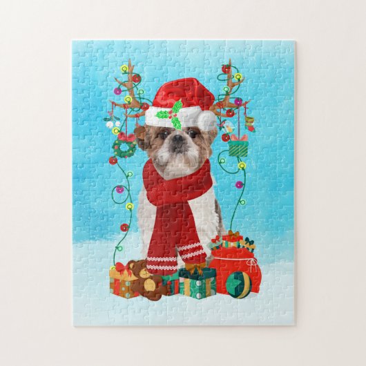 Shih Tzu in sneeuw met kerstcadeaus Legpuzzel (Verticaal)
