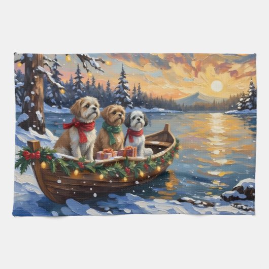 Shih Tzu Kerstboot Vakantie Theedoek (Horizontaal)