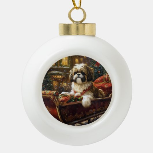 Shih Tzu Kerstfeest Seizoen Keramische Bal Ornament (Voorkant)