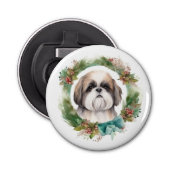 Shih Tzu Kerstkrans feestelijke pup Button Flesopener (Voorkant)