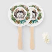 Shih Tzu Kerstkrans feestelijke pup Handwaaier (Voorkant en achterkant)
