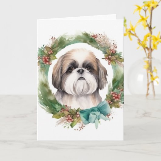 Shih Tzu Kerstkrans feestelijke pup Kaart (Gele Bloem)