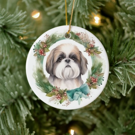 Shih Tzu Kerstkrans feestelijke pup Keramisch Ornament (Boom)