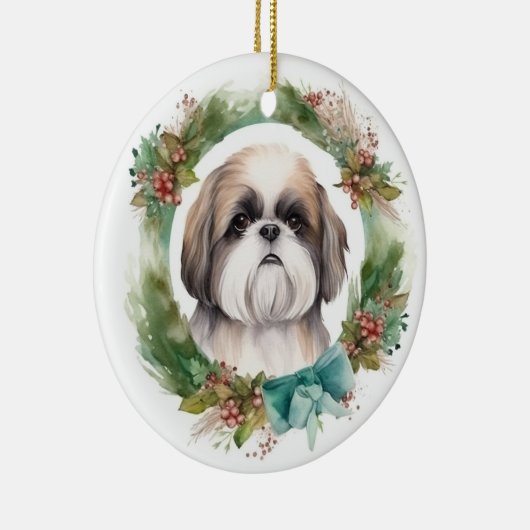 Shih Tzu Kerstkrans feestelijke pup Keramisch Ornament (Rechts)