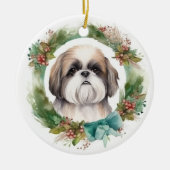 Shih Tzu Kerstkrans feestelijke pup Keramisch Ornament (Voorkant)