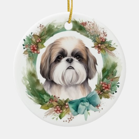Shih Tzu Kerstkrans feestelijke pup Keramisch Ornament (Voorkant)