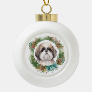 Shih Tzu Kerstkrans feestelijke pup Keramische Bal Ornament