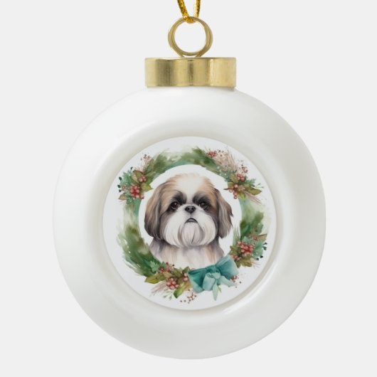 Shih Tzu Kerstkrans feestelijke pup Keramische Bal Ornament (Voorkant)