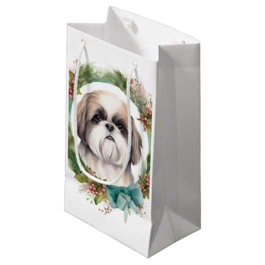 Shih Tzu Kerstkrans feestelijke pup Klein Cadeauzakje (Voorkant Gekanteld)