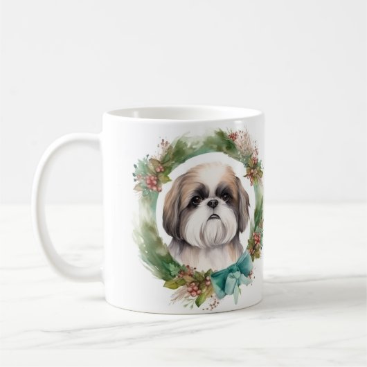 Shih Tzu Kerstkrans Feestelijke Pup Koffiemok (Links)