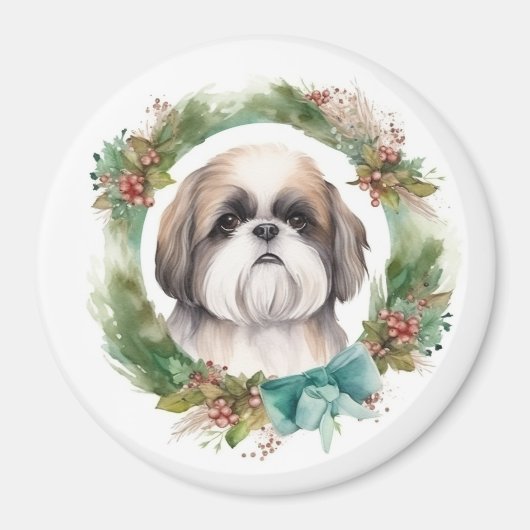 Shih Tzu Kerstkrans feestelijke pup Magneet (Voorkant)