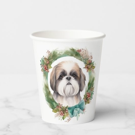 Shih Tzu Kerstkrans feestelijke pup Papieren Bekers (Achterkant)
