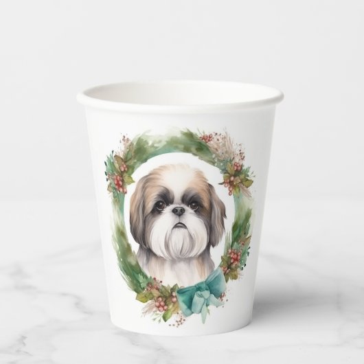 Shih Tzu Kerstkrans feestelijke pup Papieren Bekers (Voorkant)