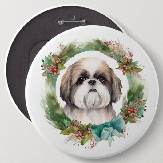 Shih Tzu Kerstkrans feestelijke pup Ronde Button 6,0 Cm (Voorkant /achterkant)