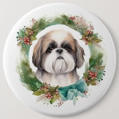 Shih Tzu Kerstkrans feestelijke pup Ronde Button 6,0 Cm (Voorkant)