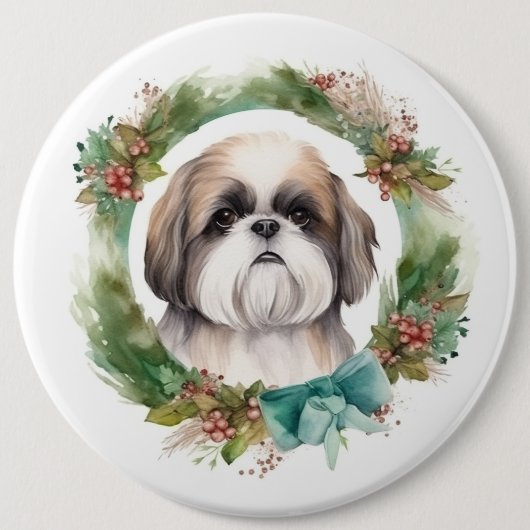 Shih Tzu Kerstkrans feestelijke pup Ronde Button 6,0 Cm (Voorkant)