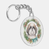 Shih Tzu Kerstkrans feestelijke pup Sleutelhanger (Voorkant Links)